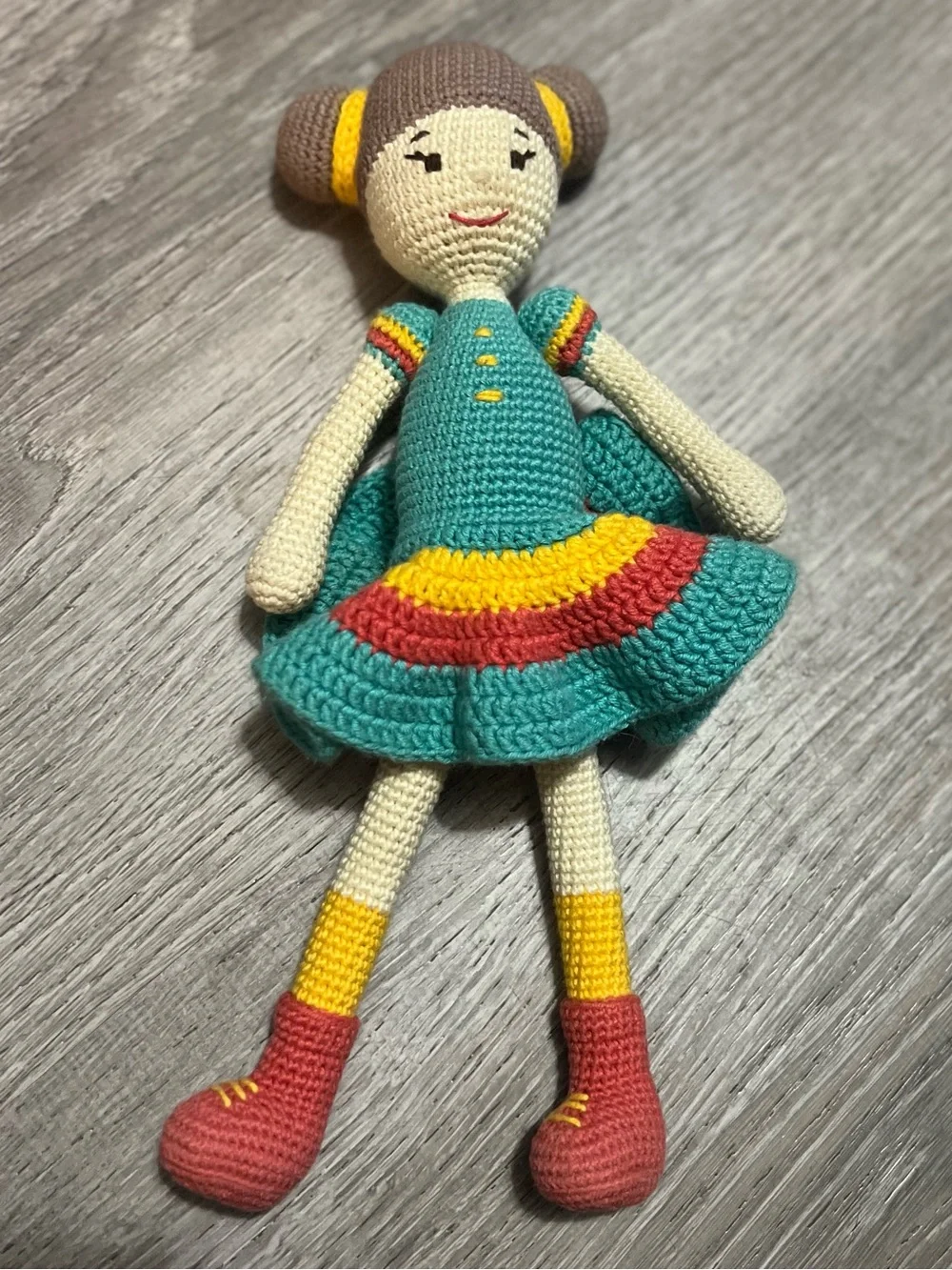 Handmade Teal Crocheted Doll for Kids - Colorful Dress